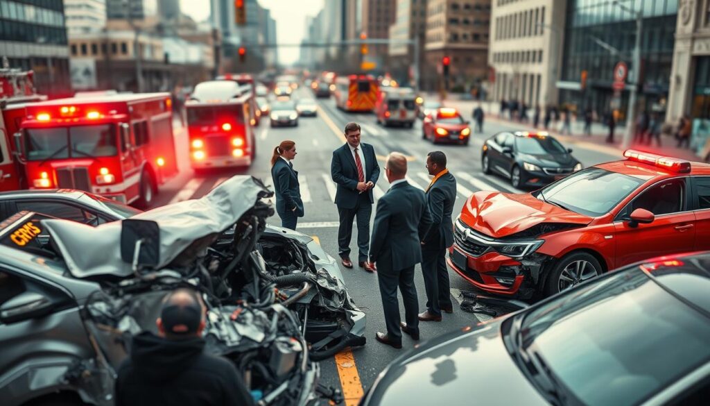 A high-angle view of a busy city intersection in Cleveland, Ohio, with a multi-vehicle car accident scene in the foreground. The twisted metal of the damaged vehicles is illuminated by the bright flashing lights of emergency response vehicles, creating a sense of urgency and chaos. In the middle ground, a team of Cleveland car accident lawyers in sharp suits and ties are conferring with distraught victims, offering support and guidance. The background is blurred, but suggests the bustling urban landscape of the city, with tall buildings and pedestrians in the distance. The overall tone is one of professionalism, empathy, and the need for expert legal counsel in the aftermath of a devastating car crash. A high-angle view of a busy city intersection in Cleveland, Ohio, with a multi-vehicle car accident scene in the foreground. The twisted metal of the damaged vehicles is illuminated by the bright flashing lights of emergency response vehicles, creating a sense of urgency and chaos. In the middle ground, a team of Cleveland car accident lawyers in sharp suits and ties are conferring with distraught victims, offering support and guidance. The background is blurred, but suggests the bustling urban landscape of the city, with tall buildings and pedestrians in the distance. The overall tone is one of professionalism, empathy, and the need for expert legal counsel in the aftermath of a devastating car crash.