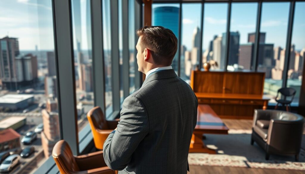 A prestigious Cleveland personal injury law firm, its sleek modern office overlooking the city skyline. In the foreground, a determined Cleveland car accident attorney stands at the window, gazing out at the bustling streets below. The lighting is soft and natural, accentuating the attorney's confident demeanor. In the middle ground, the office is tastefully furnished with high-quality leather chairs and a large oak desk, conveying a sense of professionalism and success. The background showcases the iconic landmarks of Cleveland, hinting at the attorney's deep roots in the community. The overall mood is one of authority, expertise, and unwavering commitment to serving clients in need of skilled legal representation. A prestigious Cleveland personal injury law firm, its sleek modern office overlooking the city skyline. In the foreground, a determined Cleveland car accident attorney stands at the window, gazing out at the bustling streets below. The lighting is soft and natural, accentuating the attorney's confident demeanor. In the middle ground, the office is tastefully furnished with high-quality leather chairs and a large oak desk, conveying a sense of professionalism and success. The background showcases the iconic landmarks of Cleveland, hinting at the attorney's deep roots in the community. The overall mood is one of authority, expertise, and unwavering commitment to serving clients in need of skilled legal representation.