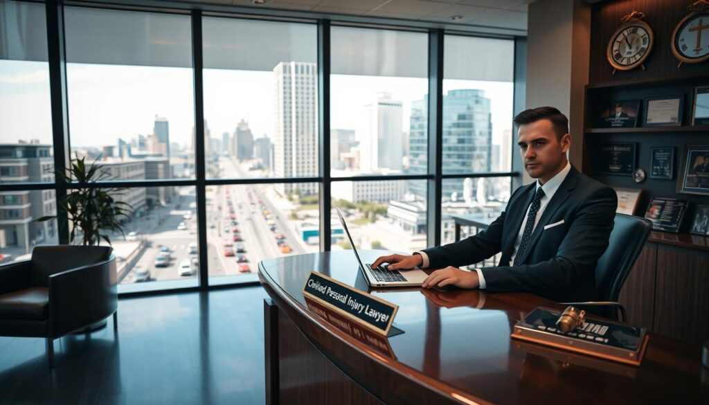 A sleek and modern office interior, with floor-to-ceiling windows overlooking the cityscape of Cleveland, Ohio. In the foreground, a professional-looking person, dressed in a sharp suit, sits at a polished wooden desk, working on a laptop. On the desk, a nameplate reads "Cleveland Personal Injury Lawyer". The walls are adorned with awards and accolades, conveying a sense of expertise and success. The lighting is warm and inviting, creating a welcoming atmosphere. In the background, the bustling streets of Cleveland can be seen, hinting at the busy nature of the legal practice. The overall scene suggests a reputable and trustworthy personal injury law firm, ready to serve the needs of car crash victims in Ohio. A sleek and modern office interior, with floor-to-ceiling windows overlooking the cityscape of Cleveland, Ohio. In the foreground, a professional-looking person, dressed in a sharp suit, sits at a polished wooden desk, working on a laptop. On the desk, a nameplate reads "Cleveland Personal Injury Lawyer". The walls are adorned with awards and accolades, conveying a sense of expertise and success. The lighting is warm and inviting, creating a welcoming atmosphere. In the background, the bustling streets of Cleveland can be seen, hinting at the busy nature of the legal practice. The overall scene suggests a reputable and trustworthy personal injury law firm, ready to serve the needs of car crash victims in Ohio.
