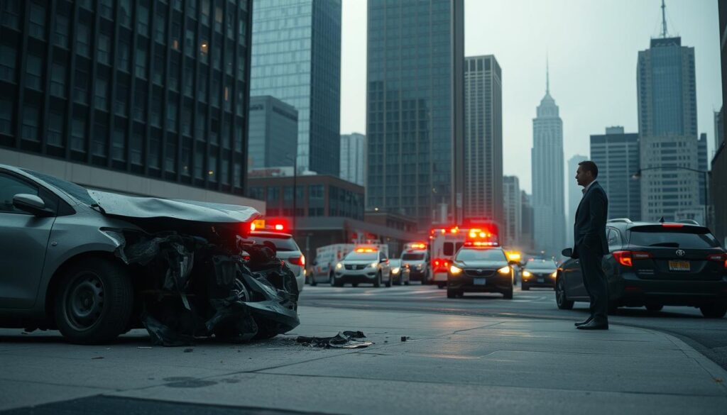 A somber cityscape of Cleveland, Ohio, with a focus on the aftermath of a car crash. In the foreground, a crumpled vehicle lies on the sidewalk, its twisted metal and shattered glass a stark reminder of the impact. Nearby, a lone figure, the Cleveland accident lawyer, stands with a somber expression, surveying the scene with a keen eye for detail. The middle ground is dotted with emergency vehicles, their flashing lights casting an eerie glow over the scene. In the background, the towering skyscrapers of the city's financial district loom, a backdrop to the tragedy unfolding below. The lighting is muted, with a hazy, overcast sky casting a melancholic tone. The overall mood is one of sober reflection, capturing the gravity of the situation and the critical role of the Cleveland personal injury lawyer in navigating the aftermath of such a devastating event. A somber cityscape of Cleveland, Ohio, with a focus on the aftermath of a car crash. In the foreground, a crumpled vehicle lies on the sidewalk, its twisted metal and shattered glass a stark reminder of the impact. Nearby, a lone figure, the Cleveland accident lawyer, stands with a somber expression, surveying the scene with a keen eye for detail. The middle ground is dotted with emergency vehicles, their flashing lights casting an eerie glow over the scene. In the background, the towering skyscrapers of the city's financial district loom, a backdrop to the tragedy unfolding below. The lighting is muted, with a hazy, overcast sky casting a melancholic tone. The overall mood is one of sober reflection, capturing the gravity of the situation and the critical role of the Cleveland personal injury lawyer in navigating the aftermath of such a devastating event.